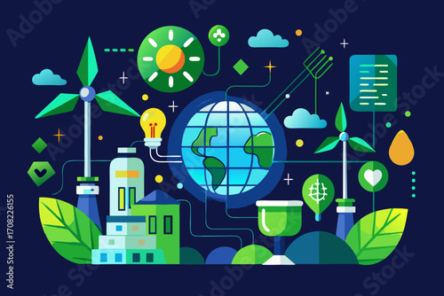 Sustainable world with green energy, clean environment for future generation in vibrant vector style