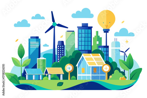 Sustainable city concept with green energy, modern buildings, and innovative eco-friendly technology