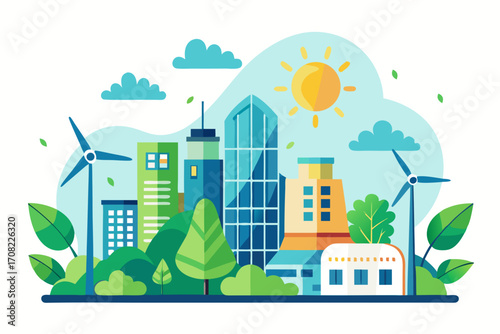 Vibrant city skyline with renewable energy creating a sustainable future and modern architecture