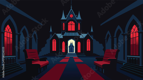 Gothic victorian mansion vector illustration spooky castle architecture illuminated by red light
