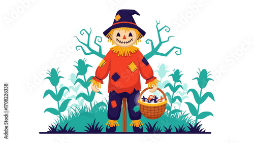 Enchanting Scarecrow in the Harvest Field: A cheerful scarecrow, radiating warmth with a friendly smile, stands proudly amidst the harvest, holding a basket filled with autumnal treats.