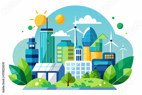 Vibrant ecological city with wind turbines and solar panels shows sustainable living for future generations