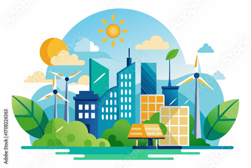 Sustainable city skyline with wind turbines, solar panels, and green energy solutions for eco living