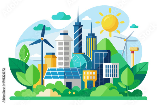 Sustainable city concept showing wind turbines, solar panels, vibrant buildings, and green spaces