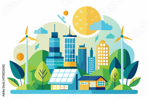 Sustainable city living powered by solar and wind energy, a modern eco conscious urban future