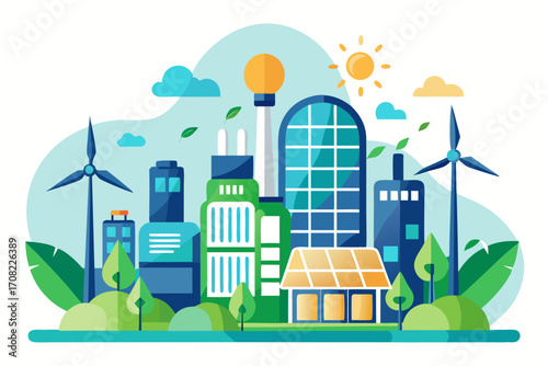Sustainable city powered by renewable energy, clean energy sources for eco-friendly living