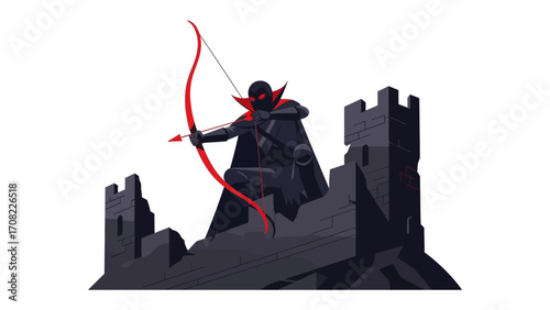 Archer on the Ramparts: A masked archer, poised and focused, draws back his bow on a weathered castle rampart, ready to strike with precision and strength.