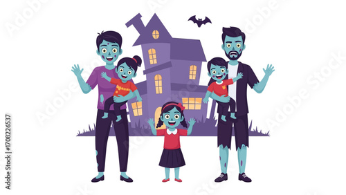 Spooky Halloween Gathering: A family dressed in playful attire, gathered in front of a haunted house under the Halloween night.