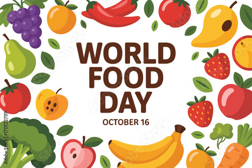 Vibrant fruits and vegetables frame "World Food Day" text, celebrating healthy eating and global nutrition awareness.