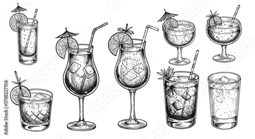 Vintage ink sketch collection of alcoholic cocktails in glasses with straws, black and white engraving vector illustration SVG