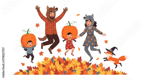 Family's Autumn Fantasy: A family jumps for joy amidst a vibrant pile of autumn leaves, donned in playful costumes. The image captures the essence of fall festivities and joyous togetherness.