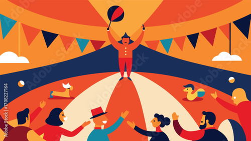 Vintage circus performance acrobats flying crowd cheering festive atmosphere vector illustration