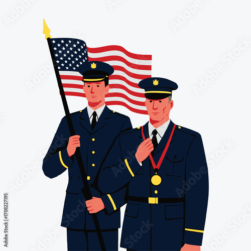 Flat style illustration of two uniformed officers, one holding the American flag and the other wearing a medal of honor