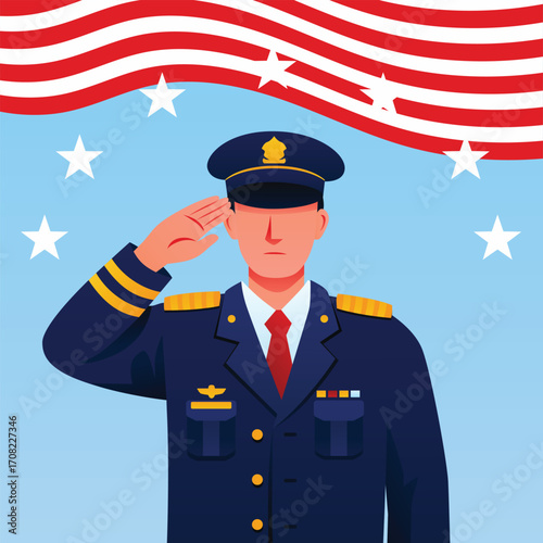 Vector illustration of a uniformed officer saluting with stars and stripes flag background, symbolizing respect and patriotism