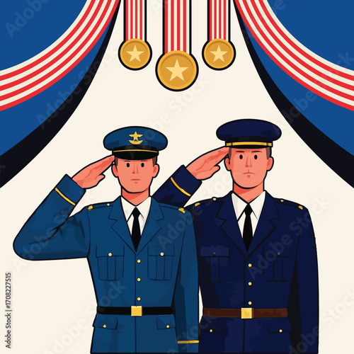 Vector illustration of two uniformed officers saluting under decorative curtains with gold medals, representing honor, respect, and patriotism