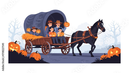 Halloween Carriage Ride: A family enjoys a festive carriage ride, surrounded by illuminated pumpkins under a spooky atmosphere, all ready to capture the joy and excitement of Halloween!