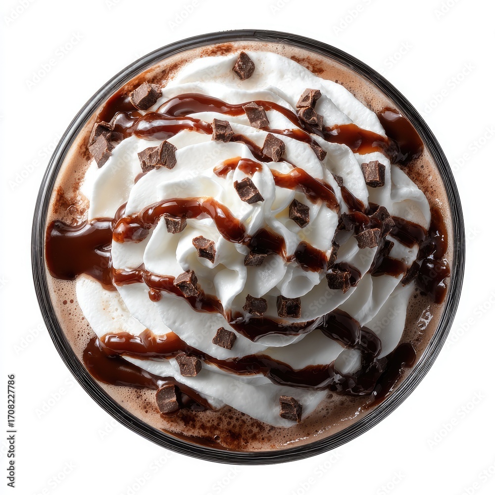 Fototapeta premium Chocolate milkshake topped with whipped cream and chocolate drizzle