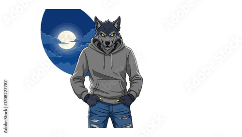 Werewolf in Moonlight: A digitally crafted image of a werewolf standing proudly under the night sky, its intimidating form illuminated by a radiant full moon. 