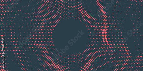 Circular Halftone Pattern Concentric Circles Frame Vector Red Black Colour Abstract Background. Mod Minimalist Art Half Tone Graphics Rippled Structure. Retro Futurism Technology Art Illustration