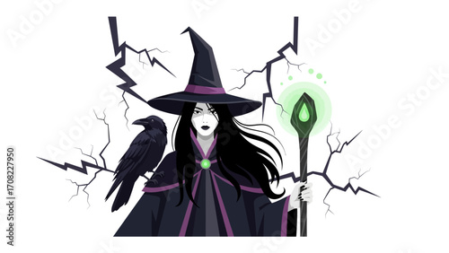 Mystic Enchantress: A captivating illustration of a witch with a raven and a mystical scepter, exuding an aura of dark enchantment and mystery.