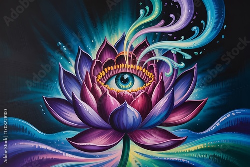 Mystical lotus flower with third eye and colorful aura