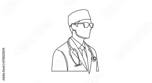 A minimalist black and white line drawing of a male doctor with a stethoscope, glasses, and a cap.