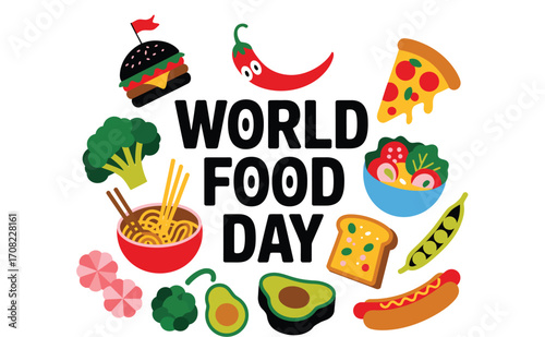 Celebration of World Food Day with diverse, colorful food illustrations