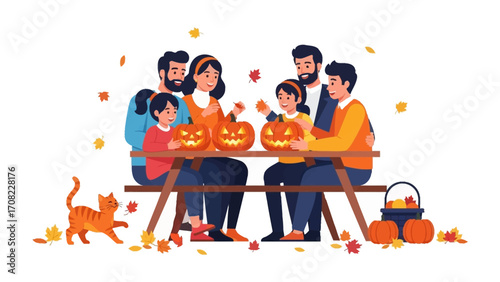 Pumpkin Carving Delight: A warm and inviting family scene unfolds as parents and children gather around a table, immersed in the joyous tradition of carving pumpkins for Halloween.