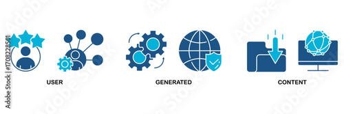 UGC banner web icon vector illustration concept for user-generated content with icon of people, network, process, engine, click, internet, website, archive and browser