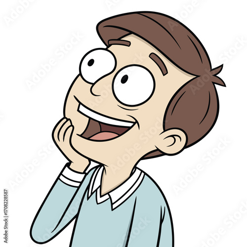 A cartoon of a light-skinned person with brown hair, blue shirt, wide eyes, open smile, and hand on cheek, showing amazement against a white background.