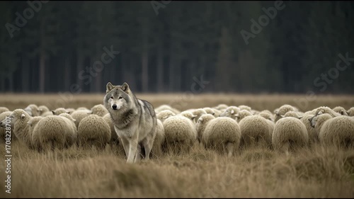 Wolf standing protectively in flock of sheep near forest edge, alert and watchful. Wildlife and survival concept
