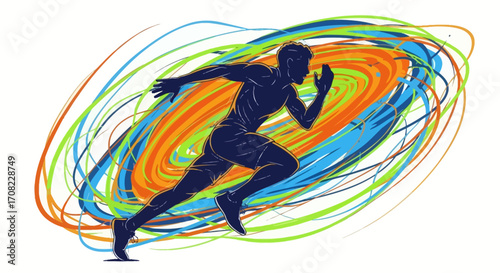 Dynamic illustration of a male runner's silhouette sprinting amidst a vibrant vortex of colorful, energetic lines.
