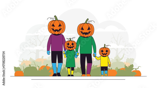 Halloween Pumpkin-headed Family Gathering: An illustrated family, each member with a carved pumpkin head, joyfully comes together amidst a vibrant harvest scene, celebrating the spirit of Halloween.