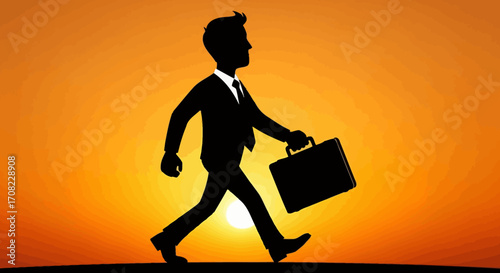 Silhouette of a businessman walking with a briefcase against a sunset background, symbolizing career and ambition.