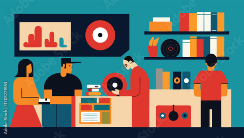 Vintage record store scene with people browsing vinyl albums retro illustration