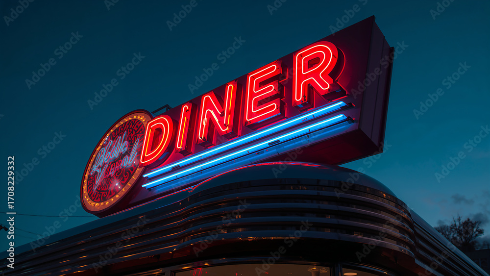 Fototapeta premium Neon Diner Sign Glows Brightly in the Evening Sky