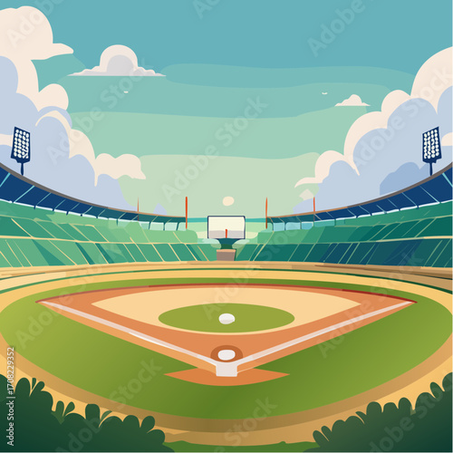 Empty baseball field ready for the game with nobody in the stands.