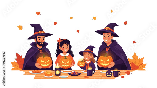 Halloween Family Gathering: An Illustration capturing the spirit of Halloween. A family dressed in witch hats and cloaks gather around a table holding carved pumpkins.