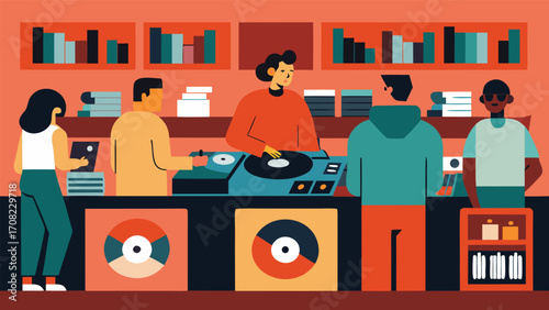 Vintage record store illustration featuring customers browsing vinyl and a dj playing music