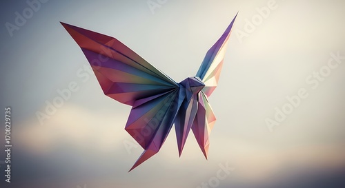 A geometric origami butterfly, showcasing vibrant colors and a delicate, airy composition against a soft backdrop.