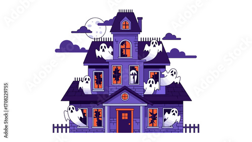 Spooky Halloween House: A cartoon illustration showcases a haunted house on a Halloween night, with ghosts, a full moon, and a spooky atmosphere. 