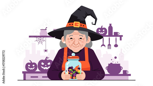 Spooky Concoction: A whimsical illustration of a witch in her kitchen, surrounded by Halloween-themed elements. She is depicted holding a jar of colorful candies.