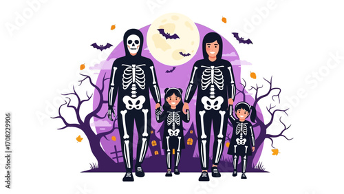 Spooky Halloween Family Outing: A family strolls in skeleton costumes, hand in hand, under a vibrant full moon, and a spooky illustration setting.