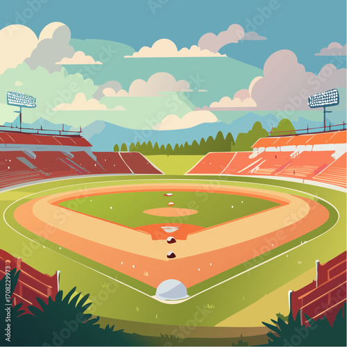 Empty baseball field ready for the game with nobody in the stands.