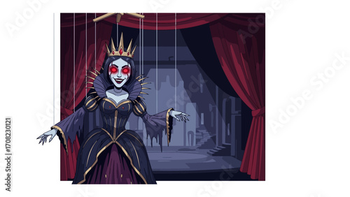 Puppet Queen: A stylized illustration captures a puppet queen with a regal presence, set against a theatrical stage backdrop, showcasing an essence of control and mystique.