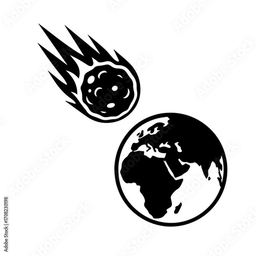 Black and white vector illustration of a flaming asteroid or meteor falling toward planet Earth, symbolizing a space disaster, extinction event, or cosmic impact.