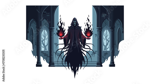 Shadow Weaver: An enigmatic figure cloaked in darkness, adorned with an ominous mask, conjures crimson flames against the haunting backdrop of a gothic chamber. 