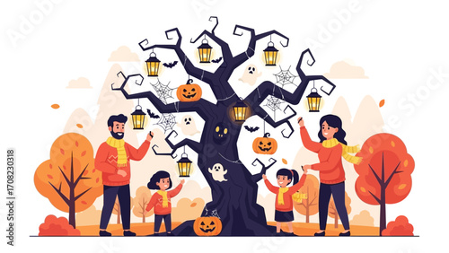 Spooky Family Halloween Celebration: A cheerful family decorates a gnarled tree for Halloween. Carved pumpkins, ghostly silhouettes, and twinkling lanterns evoke the magic of autumn.