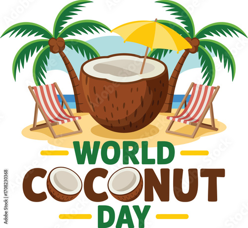 Tropical paradise celebrates World Coconut Day with beach chairs and palm trees