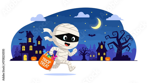 Spooky Night Run: A cheerful mummy, swathed in bandages, eagerly dashes through a festive Halloween night, clutching a treat bag under the watchful gaze of a crescent moon.
